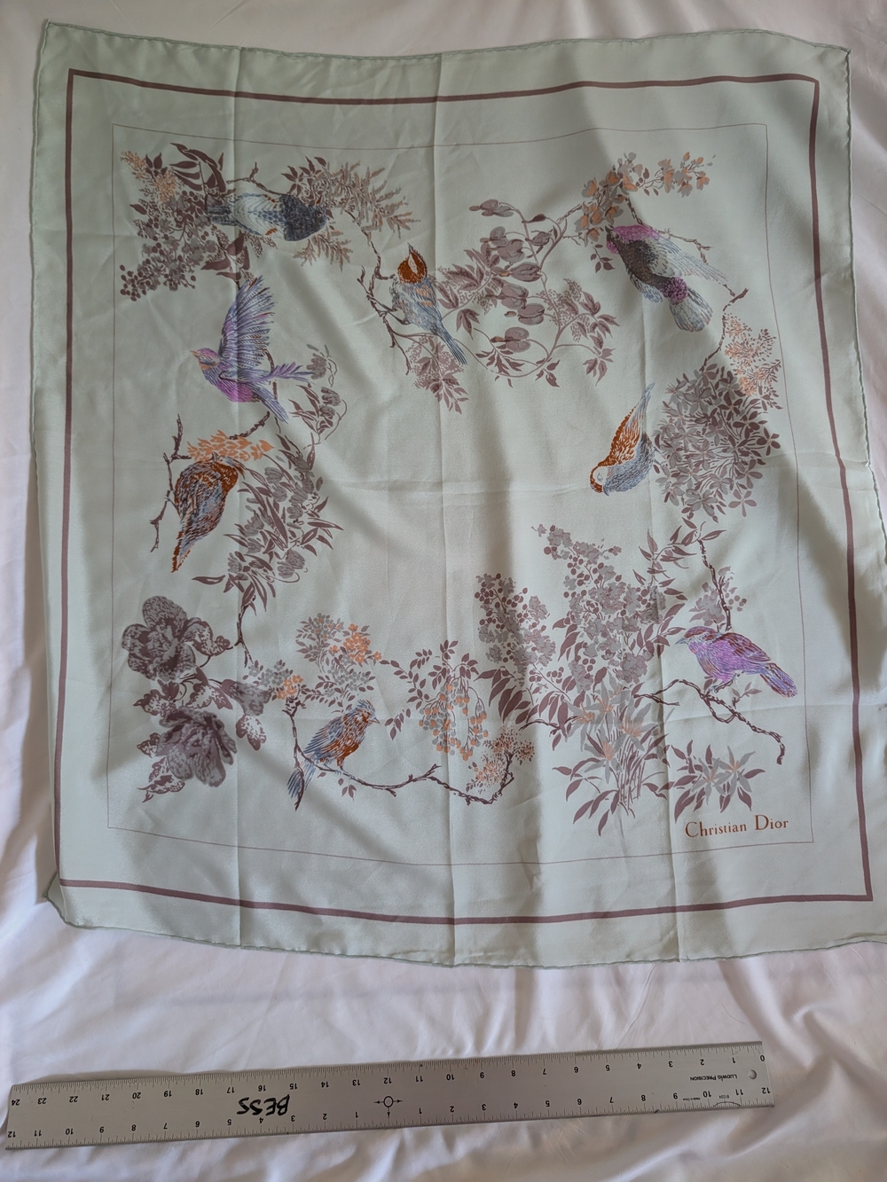Vintage Dior Pale Mint Silk Scarf with Bird Print